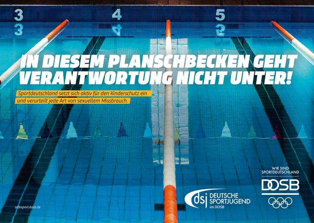 Schwimmbahnen mit Startblöcken; Schrift: „In diesem Planschbecken geht Verantwortung nicht unter!“